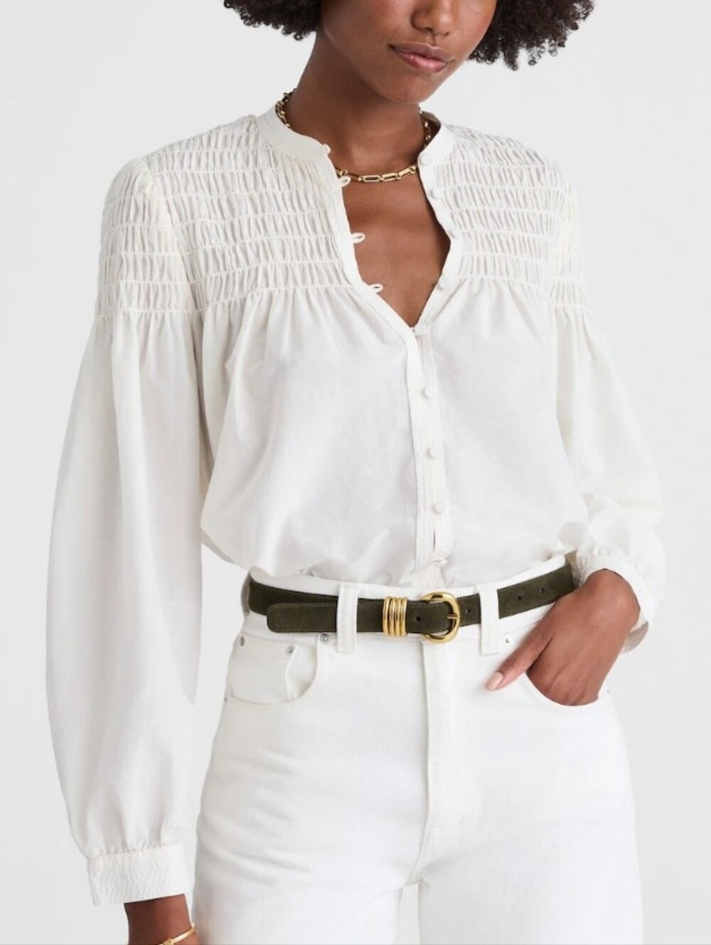 Madewell Smocked Top Cotton Silk Blend Size XXS Fresh Cream Blouse